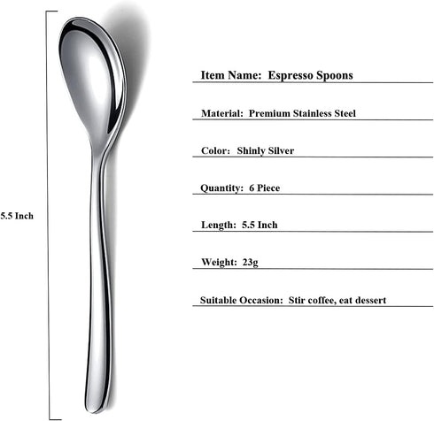 Demitasse Espresso Spoons, 5.5'' Mini Coffee Spoons, Stainless Steel Small Spoons,Tea Spoons for Dessert, Set of 6, Dishwasher Safe (Silver)