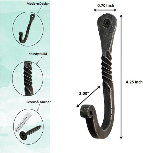 Hand Forged Twisted Wrought Iron Wall Hook, Black Antique Finish Handmade Coat Hook for Kitchen Towel Rack