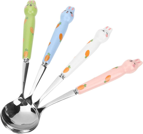 4pcs Bunny Dessert Spoon Set - Espresso, Ice Cream, Asian Soup Spoons, Stainless Steel Rabbit Design, Child Handle