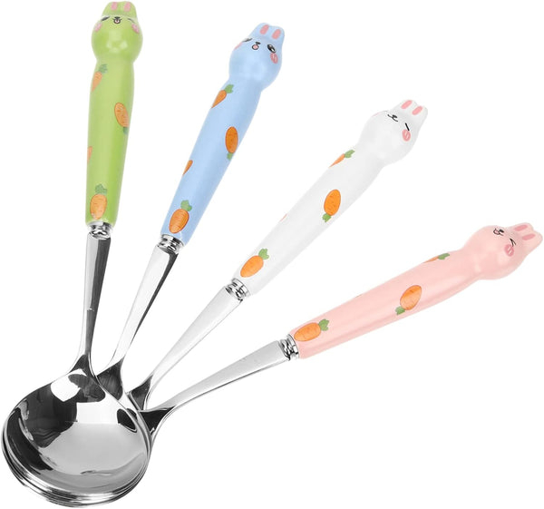 4pcs Bunny Dessert Spoon Set - Espresso, Ice Cream, Asian Soup Spoons, Stainless Steel Rabbit Design, Child Handle