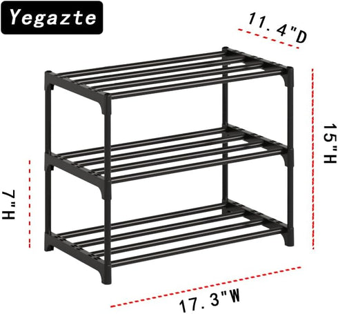 Yegazte Closet(3-Tier,Black) Small Metal Shoe Rack,Stackable Shoe Shelf Storage Organizer for Entryway, Hallway