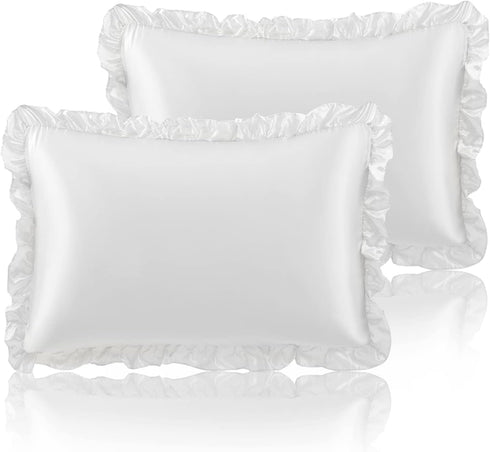 SiinvdaBZX Ruffled Queen Satin Pillowcase Set of 2, Ivory White Silky Satin Pillow Cases for Women, Ruffle Pillow Shams
