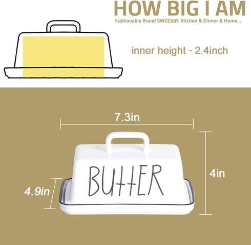 Sweejar 7.3 Inch Ceramic Butter Dish with Handle Lid, Large Porcelain Butter Keeper with Cover, Perfect for East/West