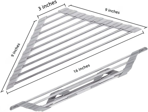 Triangle Dish Drying Rack, Multipurpose Roll-up Drying Rack for Sink Corner, Stainless Steel Dish Drainer Mat (Grey)