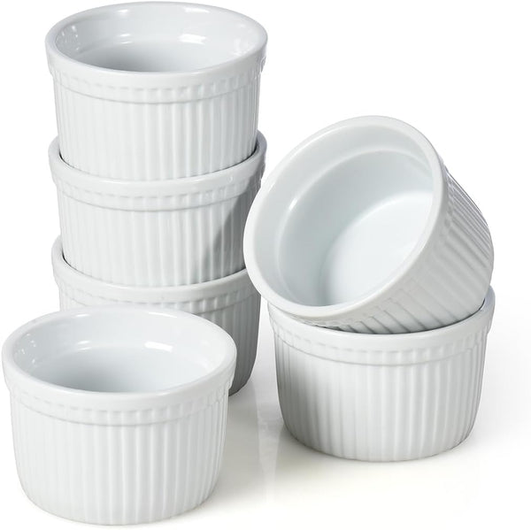 Ramekins Set of 6, 8 oz White Porcelain Dipping Sauce Dishes for Baking, Souffle, and Custard
