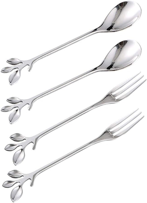 Coffee Spoon Fork 4 Pack, Silver Leaf Retro Dessert Coffee Small Spoon Cocktail Picks, 4.7 Inches Stainless Steel Set