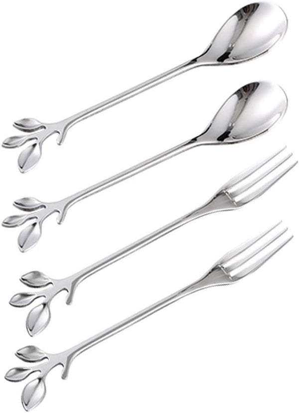 Coffee Spoon Fork 4 Pack, Silver Leaf Retro Dessert Coffee Small Spoon Cocktail Picks, 4.7 Inches Stainless Steel Set