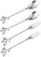 Coffee Spoon Fork 4 Pack, Silver Leaf Retro Dessert Coffee Small Spoon Cocktail Picks, 4.7 Inches Stainless Steel Set
