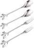 Coffee Spoon Fork 4 Pack, Silver Leaf Retro Dessert Coffee Small Spoon Cocktail Picks, 4.7 Inches Stainless Steel Set