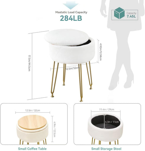 BRIAN & DANY Vanity Stool, Faux Fur Vanity Stool Chair with Storage, Round Makeup Chair Soft Padded Seat with Legs