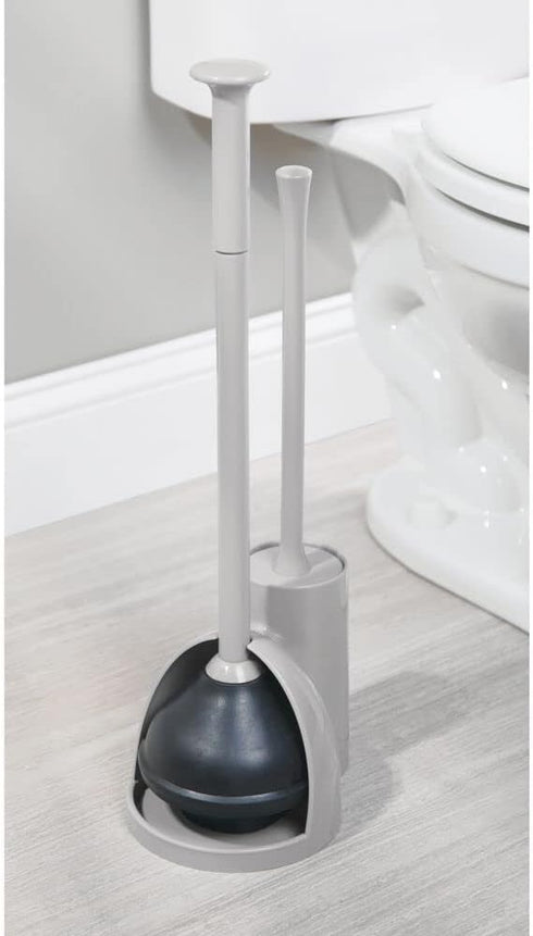 mDesign Hidden Plunger and Brush Set for Toilet Bowl - Brush Cleaner and Plunger Combo with Holder Caddy for Bathroom - Modern Toilet Brush and Plunger Set - Aura Collection - Light Gray by mDesign