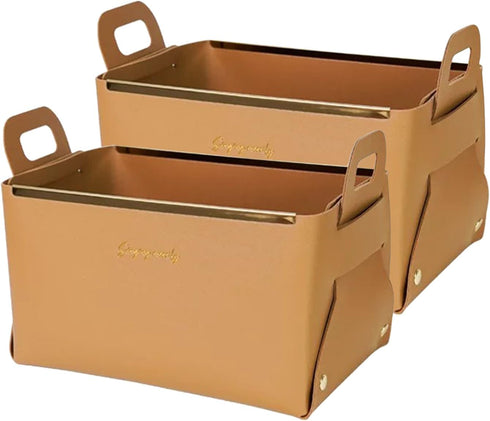 Decorative Small Faux Leather Basket, Set of 2 Brown Collapsible Rectangle Tray Organizer Box for Entryway, Bedside,