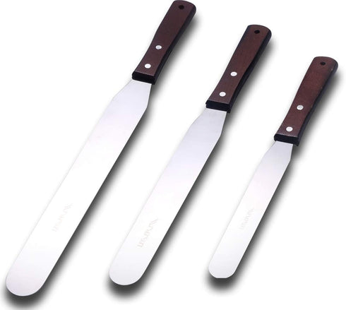 Straight Icing Spatula Baking Set of 6", 8" & 10" Wooden Handle Cake Decorating Frosting Spatulas