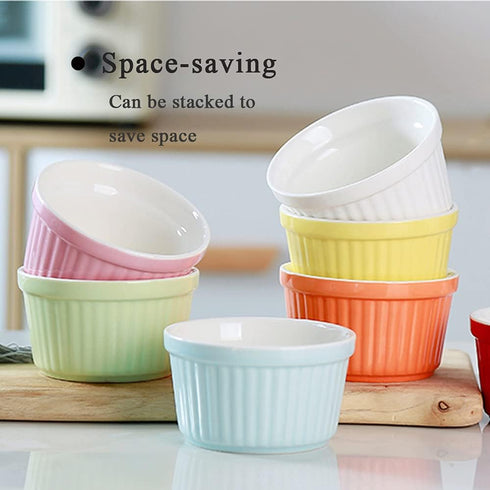 Ramekins 6oz Oven Safe, Creme Brulee and Souffle Dishes, Porcelain Baking Bowls, Set of 6, Pink