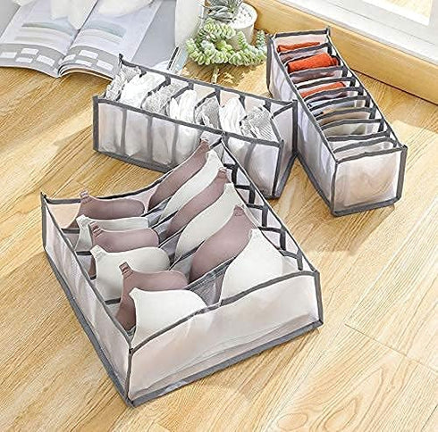 3 Set Underwear Organizer, Foldable Bra Underwear Drawer Divider Bins for Socks, Ties, Bras, Gray Storage Compartment