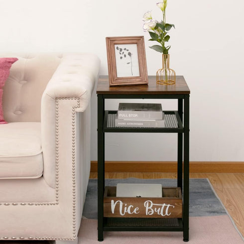 2-Tier Side Table with Mesh Shelves, Open Shelves Small End Table, Industrial Wood Look Night Stand with Metal Frame