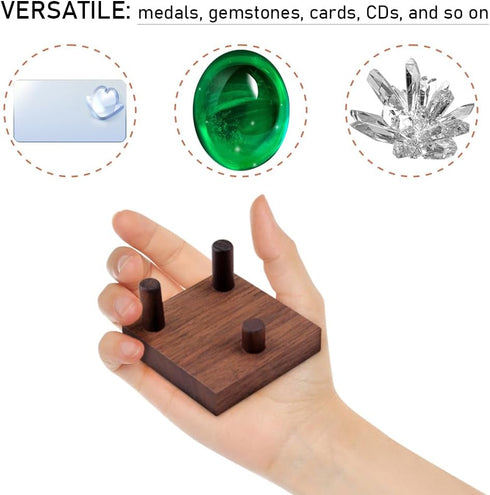 Walnut Crystal Display Stand, Three-Peg Easel for Fossil, Coral, Geodes, Rock, Mineral, Agate
