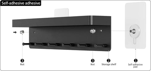 MKO Key Holder Wall Mount, Adhesive Key Holder with Mail Organizer Tray and 6 Hooks for Wall, Black