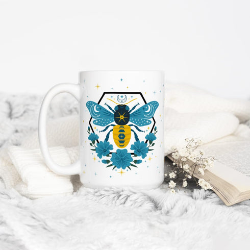 Celestial Bee Ceramic Coffee Mug - Floral Moon Stars Tea Cup, Gift for Women, Men, Friend, Coworker, 15oz