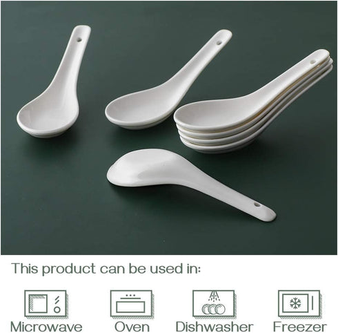 DOWAN Asian Soup Spoons - Set of 12, 5.3 Inch White Ceramic Dessert Spoons for Pho, Miso, Ramen