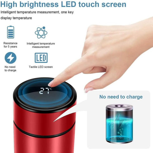 Smart Water Bottle, Stainless Steel Vacuum Flask Travel Mug with LCD Touch Screen, Insulated for Hot or Cold, Red