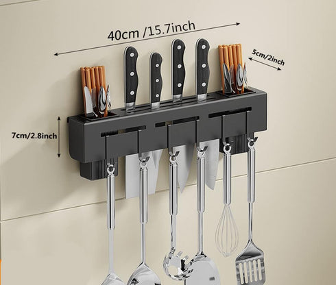 Wall Mount Utensil Holder, 15.7'' Stainless Steel Kitchen Utensil Rack, Multi-use Hanging Storage Organizer Rack with Knife Holder, Towel Bar, Flatware Slot and 6 Removable Hook by chenyesun