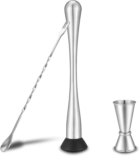 Stainless Steel 10-inch Muddler for Cocktails, Mixing Spoon & Measuring Jigger, Professional Bar Tools