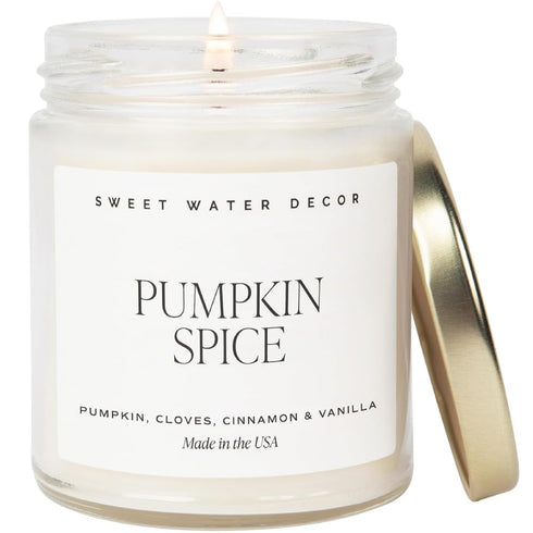 Sweet Water Decor Pumpkin Spice Candle | Pumpkin, Cinnamon, Vanilla Scents | 9oz Clear Jar Soy Candle
