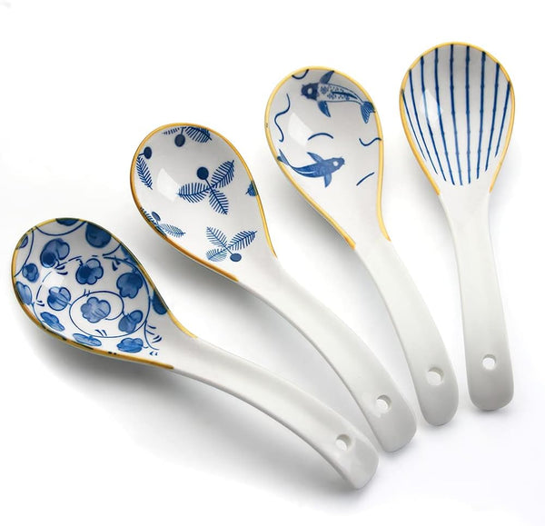 IQCWOOD 6.2-inch Asian Soup Spoons, 4pcs Ceramic Chinese Soup Spoon for Ramen, Pho, Wonton, Dumpling, Miso