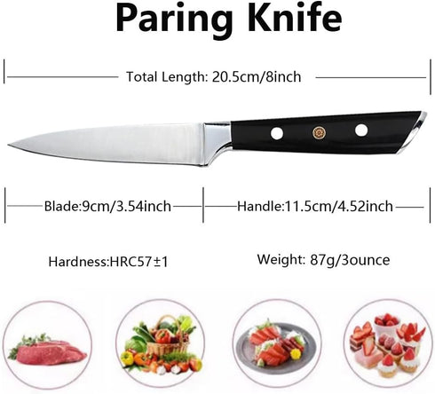 3.5 Inch Paring Knife, Small Kitchen Knife, Manual Sharpened 5Cr15Mov Stainless Steel Fruit Knife, Full Tang with 3