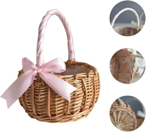 Wicker Rattan Flower Basket, Hand Woven Wedding Flower Girl Basket Decoration, Candy Storage Home Decoration (S, pink)