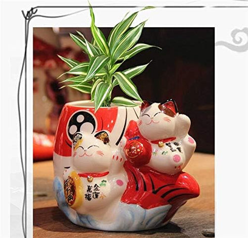EatingBiting Fortune Japanese Lucky Beckoning Cats Maneki Neko Flower Pot Vase Pen Holder, Ceramic Pencil Holder