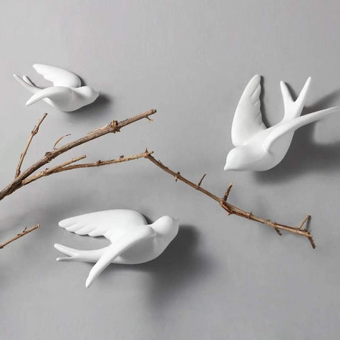 Pair of Ceramic Birds, White Wall Mounted Decor for Bathroom, Living Room, Garden Sculptures, Small