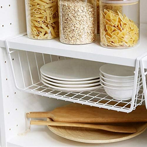 Tebery 2 Pack White Under Shelf Wire Basket, Hanging Storage Baskets for Kitchen Pantry Desk Organizer