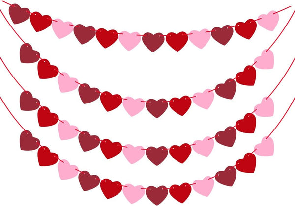 4 Pack Felt Heart Garland Banner - No DIY Valentines Day Decorations for Anniversary, Engagement, Wedding Party