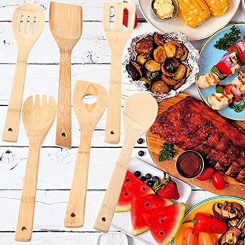 Huji Bamboo Wooden Spoons Set - Wooden Spatula Spoon for Cooking - Nonstick Kitchen Utensils