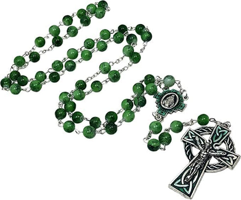 CB Catholic St Patrick Green Glass Marble Bead Rosary Gift Set