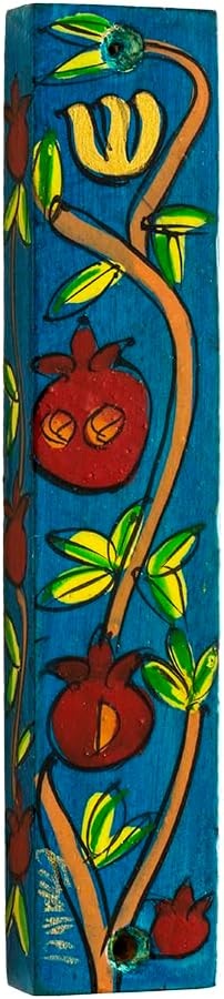 Yair Emanuel Hand-Painted Wooden Mezuzah Case, 4.9 Inch, Pomegranate Design, Judaica Gift