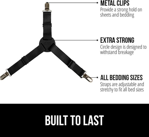 Gorilla Grip Bed Sheet Straps, Adjustable Elastic Fasteners with Metal Clips, Keep in Place Fitted Bedding Holder, Easy Install Suspenders Mattresses, Firm Tight Accessories, 4 Pack Black