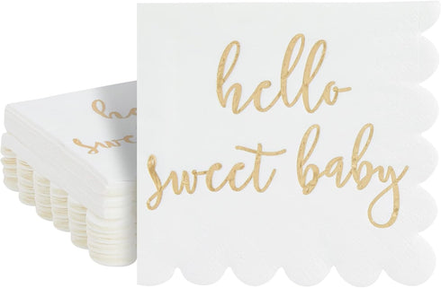 50 Pack White Scalloped Napkins 5x5 Inch with Gold Foil Hello Sweet Baby - Gender Neutral Baby Shower Table Decor for