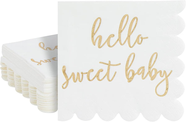 50 Pack White Scalloped Napkins 5x5 Inch with Gold Foil Hello Sweet Baby - Gender Neutral Baby Shower Table Decor for