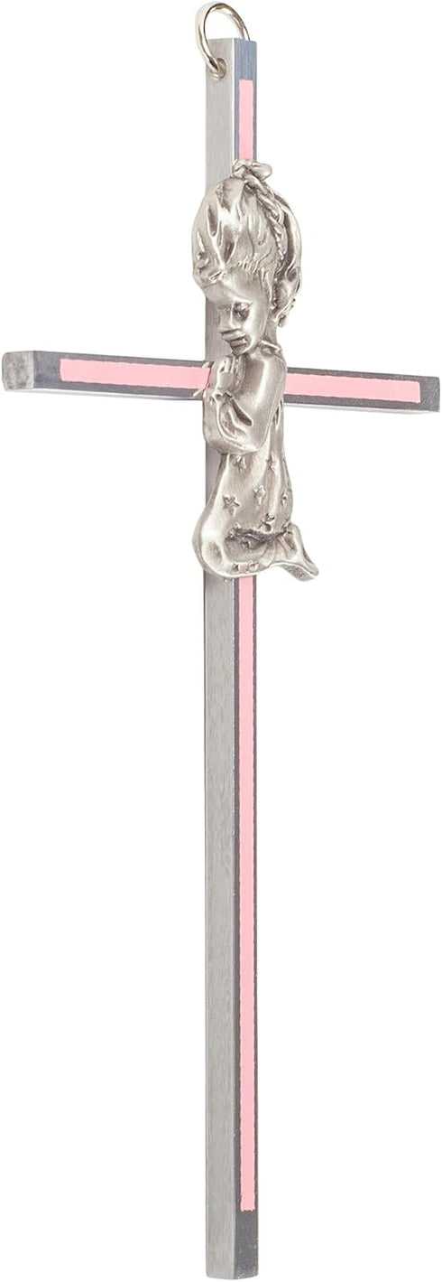 Praying Little Girl Pink Metal Hanging Wall Cross, 6 Inch