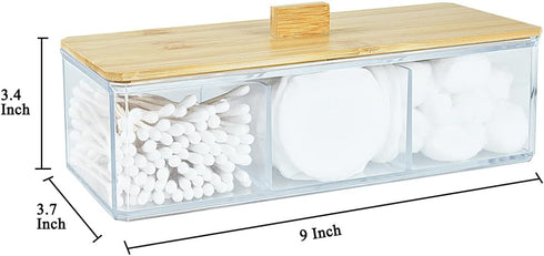 Acrylic Qtip Holder Dispenser with Wood Lid, 3 Compartment Bathroom Organizer for Cotton Swabs and Pads, Countertop
