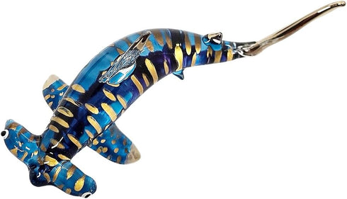 Tiny 3?" Gold Dotted Blue Hammerhead Shark Figurine, Miniature Hand Blown Glass Collectible