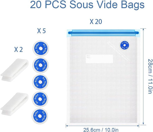 Sous Vide Bags Reusable 27Pcs, BPA Free Vacuum Sealer Bags, Vacuum Food Storage Bags for Sous Vide Cooking/Microwave Heating - 20Pcs Vacuum Zipper Bags & 2 Seal Clips & 5 Air Valves (11 * 10in) 2.9L by FIRAWER