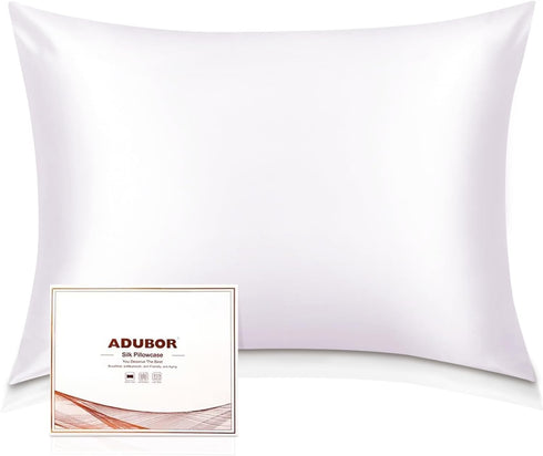 Adubor Mulberry Silk Pillowcase, 23 Momme 6A Grade Fibers, 900 Thread Count, Queen 20''x30'', White