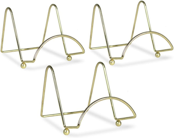 BANBERRY DESIGNS Brass Wire Easel Display Stand, 4 Inch Plate Holders - Set of 3 Pcs for Small Books, Pictures, Cards