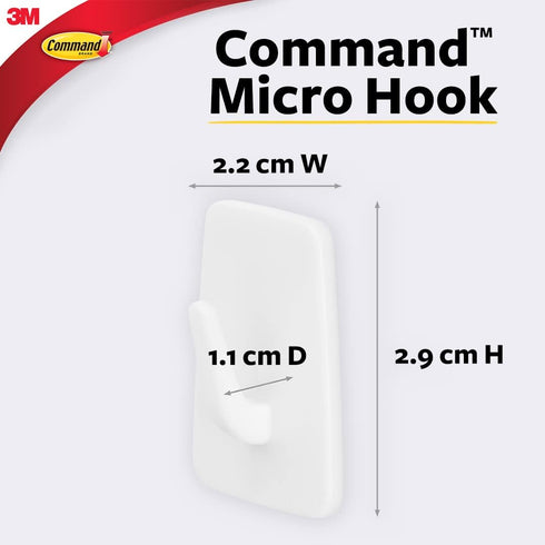 Command Micro Hooks, White, 3 Hooks, 4 Strips for Damage-Free Organizing