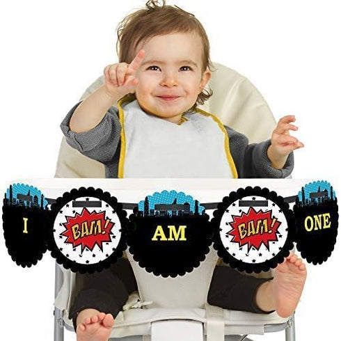 1st Big Dot of Happiness Bam Superhero Birthday Highchair Decor - I Am One - First Birthday High Chair Banner