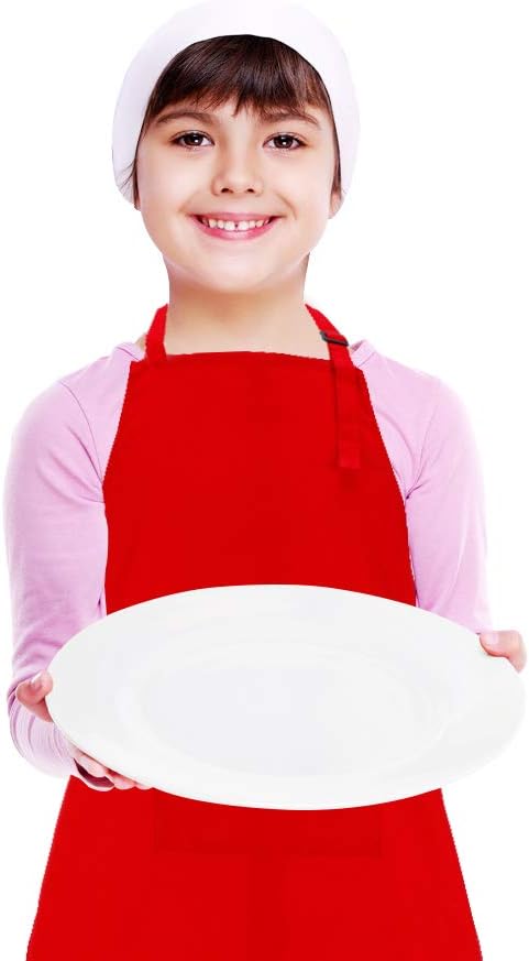 Kids Apron and Chef Hat Set, Adjustable Cotton Bib Aprons with Large Pocket, Red